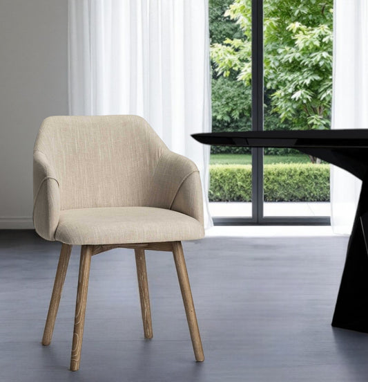 Cream and Brown Upholstered Fabric Dining Arm Chair-0