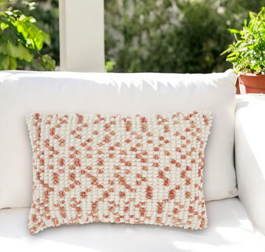 14" X 20" Coral and Beige Ribbed Indoor Outdoor Throw Pillow With Texture-0