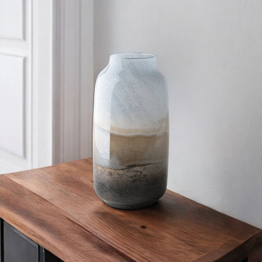 15" Blue And Beige Abstract Cylinder Crystal Glass Table Vase-0