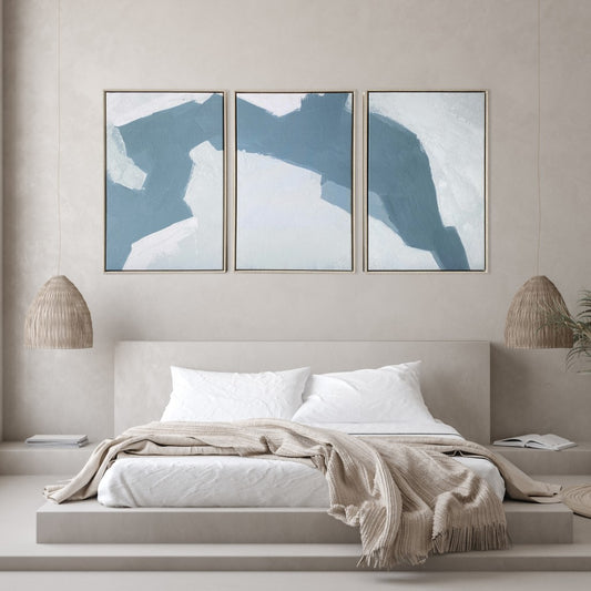 Set Of Three Blues and Grays Abstract Framed Canvas Wall Art Floater Frame Graphic Art Wall Art-4