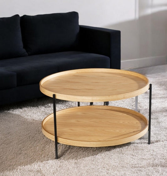 33" Natural and Black Wood and Metal Round Coffee Table-0
