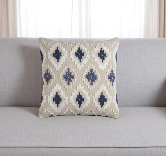 Navy Beige Classic Ikat Pattern Throw Pillow-0