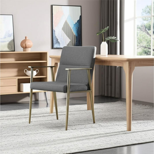 Gray and Antiqued Brass Upholstered Fabric Dining Arm Chair-2