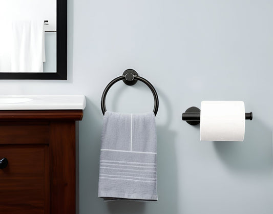 Set of Two Black Stainless Steel Wall Mount Towel Ring and Toilet Paper Holder-0
