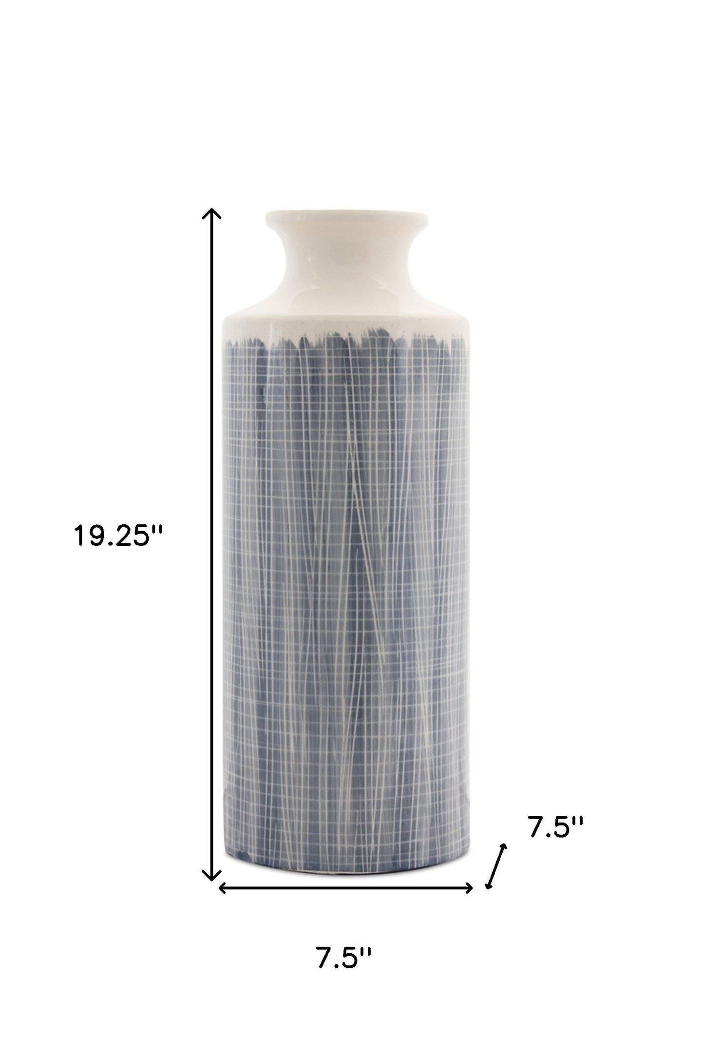 19" Blue and White Geometric Cylinder Terracotta Floor Vase-3