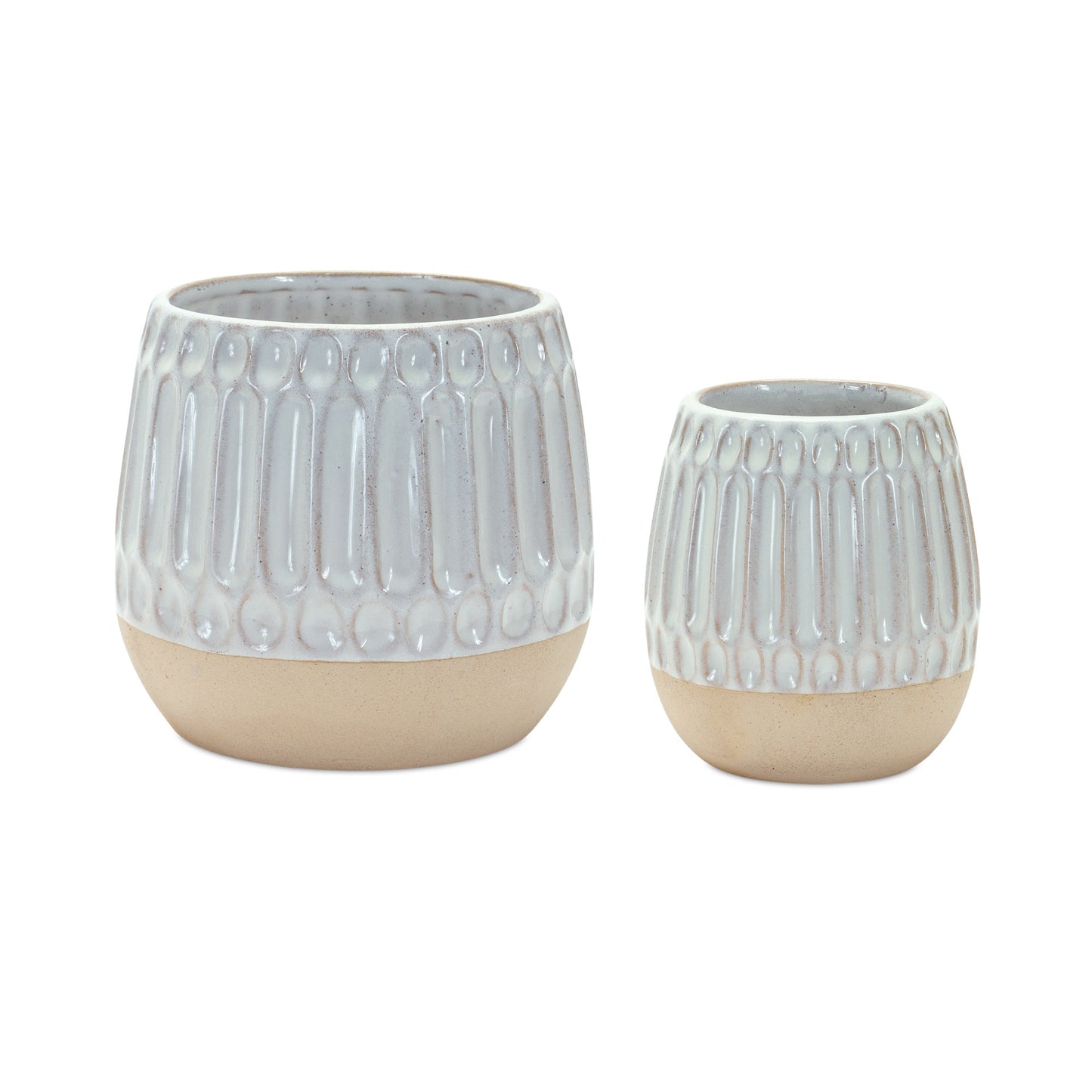Set of Two Beige and White Ribbed Round Porcelain Table Vase-2
