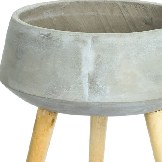 Gray Cement And Wood 81 Ounce Round Distressed Pot Planter With Stand-3