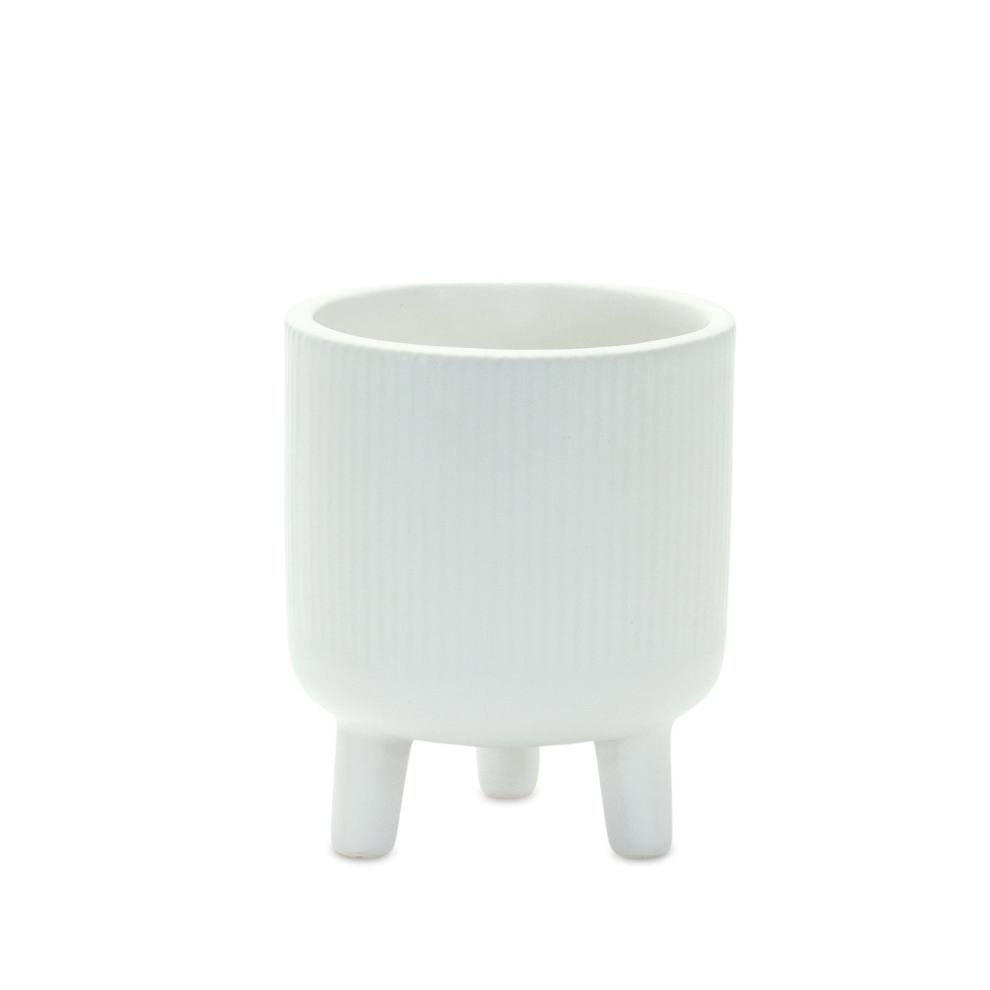 Set of Two White Ceramic Striped Footed Pot Planters-3