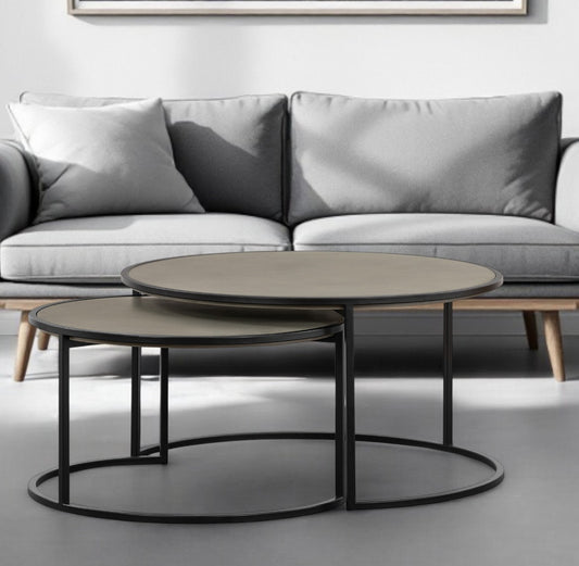 Set of Two 32" Gray And Black Concrete And Metal Round Nested Coffee Tables-1