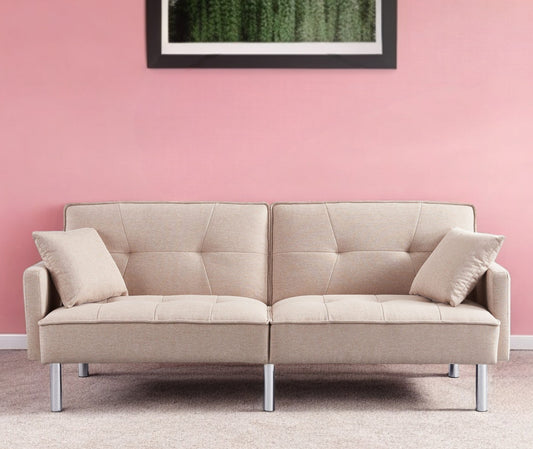 85" Beige Polyester Blend Convertible Futon Sleeper Sofa And Toss Pillows With Silver Legs-0