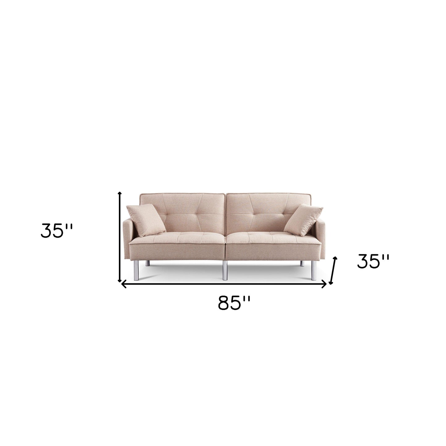 85" Beige Polyester Blend Convertible Futon Sleeper Sofa And Toss Pillows With Silver Legs-4