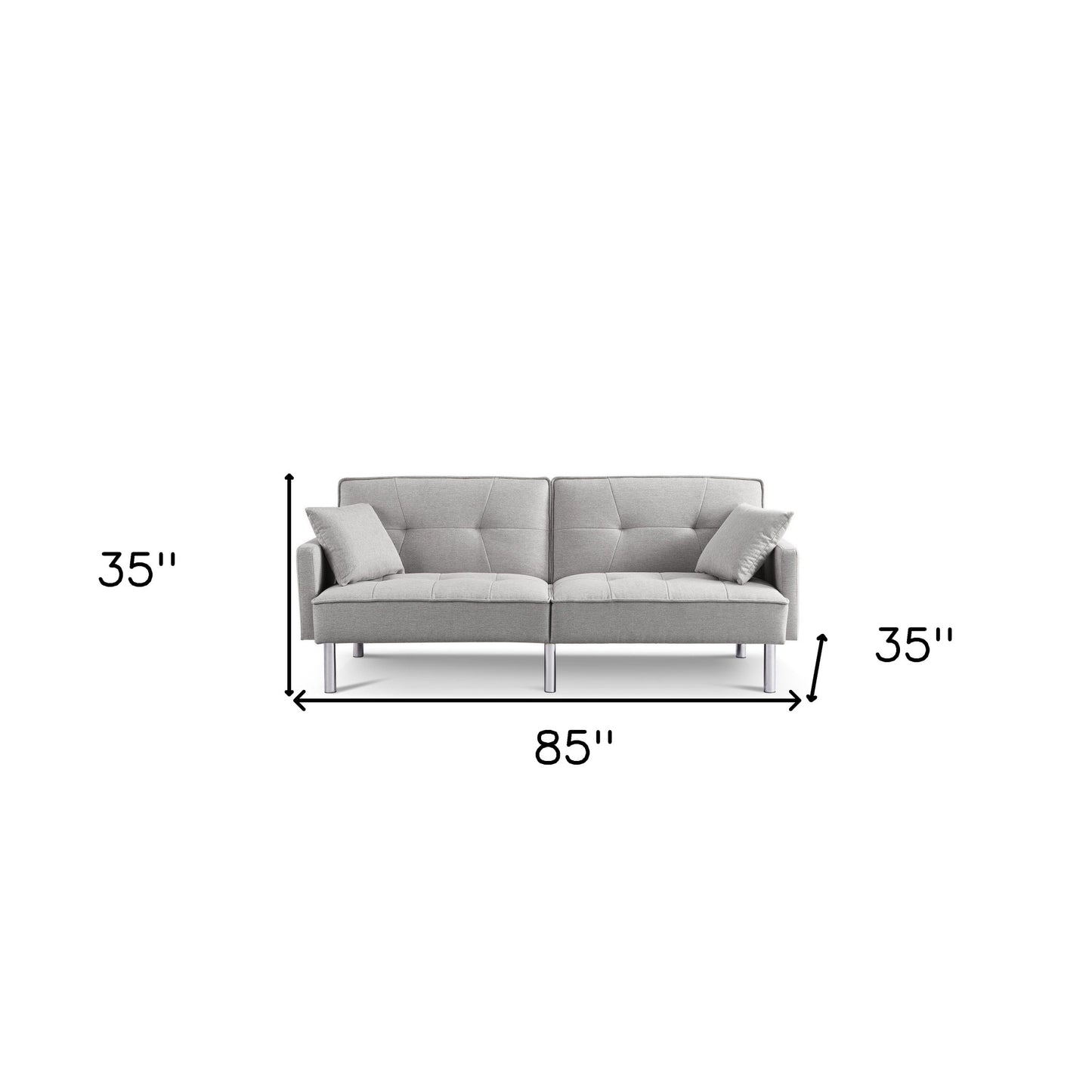 85" Light Gray Polyester Blend Convertible Futon Sleeper Sofa And Toss Pillows With Silver Legs-3