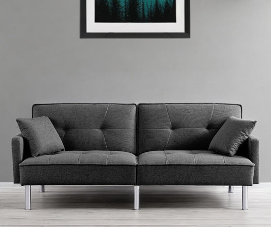 85" Dark Gray Polyester Blend Convertible Futon Sleeper Sofa And Toss Pillows With Silver Legs-0