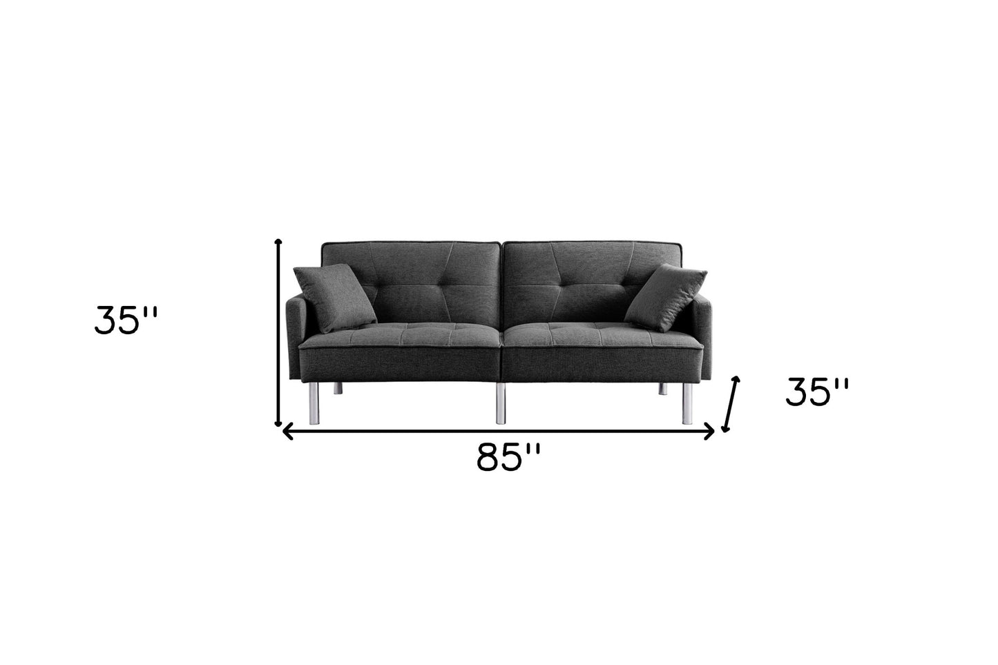 85" Dark Gray Polyester Blend Convertible Futon Sleeper Sofa And Toss Pillows With Silver Legs-7