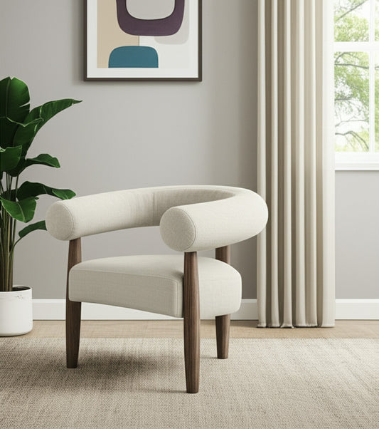 29" Cream and Light Brown Fabric And Wood Curved Arm Chair-0