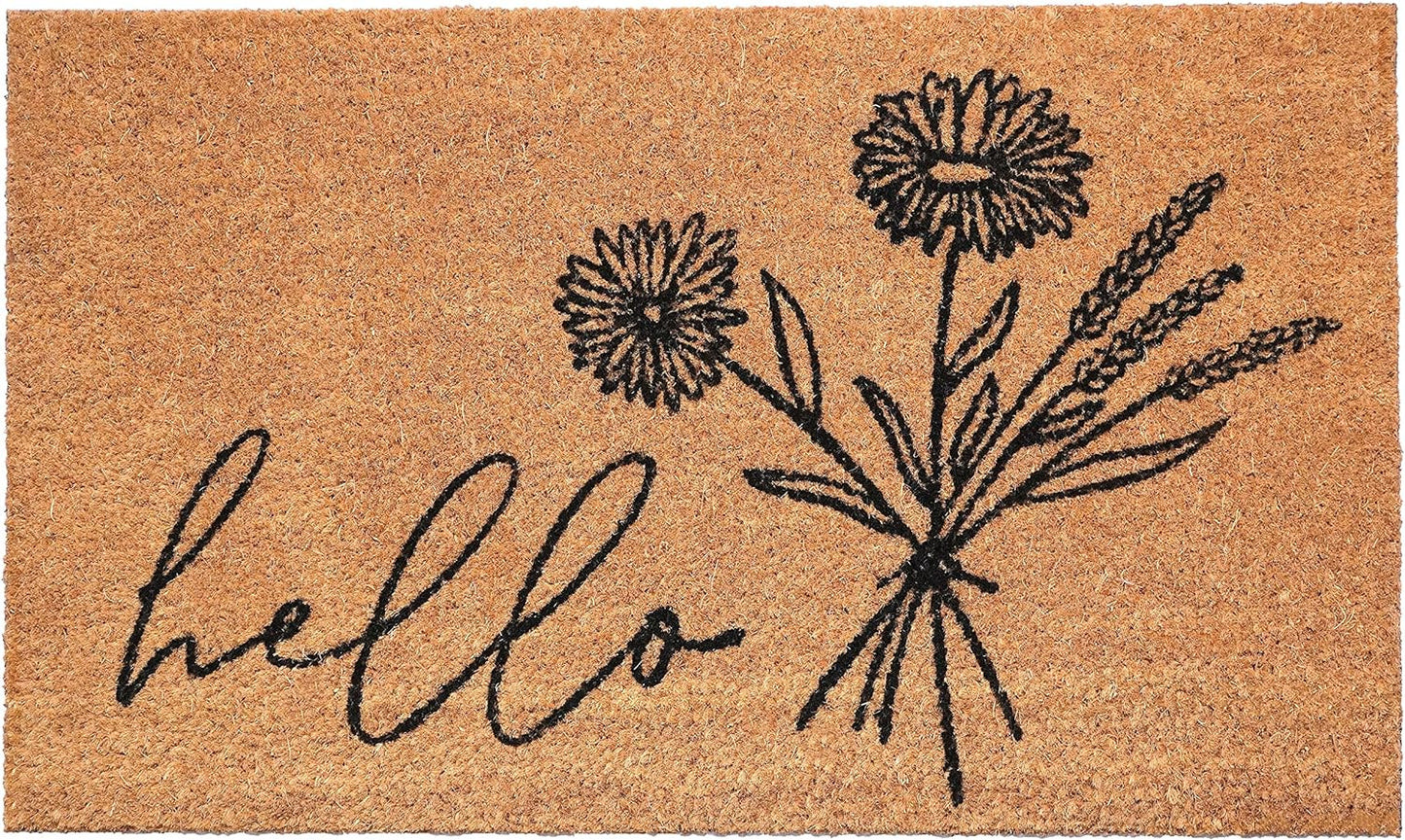 24" X 36" Natural and Black Coir Floral Hello Outdoor Door Mat-1