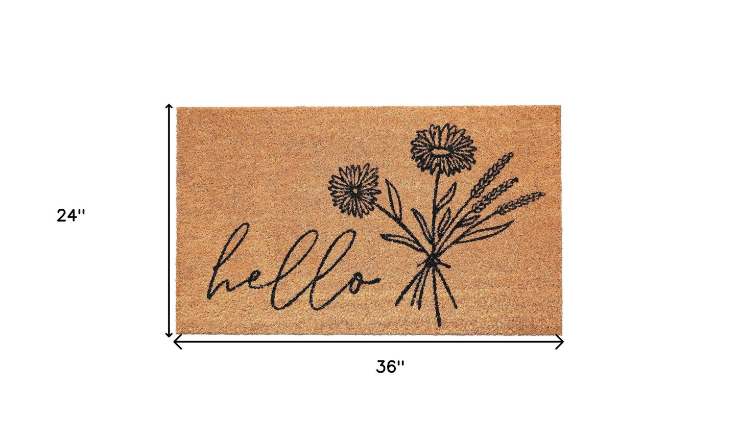 24" X 36" Natural and Black Coir Floral Hello Outdoor Door Mat-5