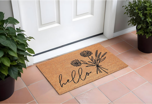 24" X 36" Natural and Black Coir Floral Hello Outdoor Door Mat-0