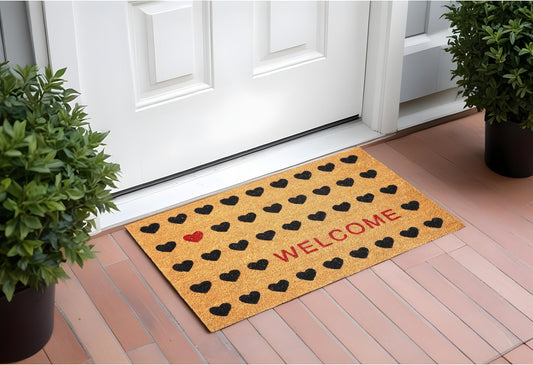 17" X 29" Natural and Black Coir Heart Welcome Outdoor Valentine's Day Door Mat-0