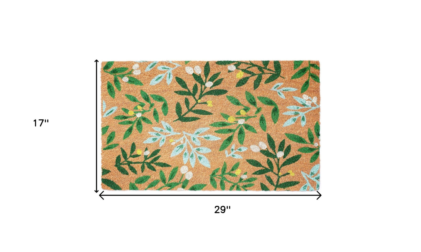 17" X 29" Natural and Green Coir Botanical Leaves Outdoor Door Mat-2