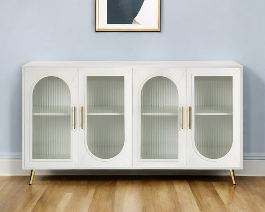 60" White Ribbed Texture Wood And Glass Sideboard with Four Doors-0