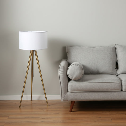 Gold Metal Adjustable Tripod Floor Lamp With White Linen Drum Shade-1