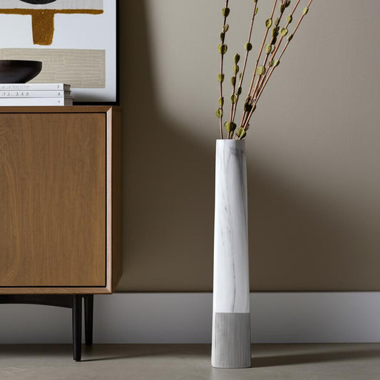 40" White Faux Marble Tapered Ceramic Floor Vase-0