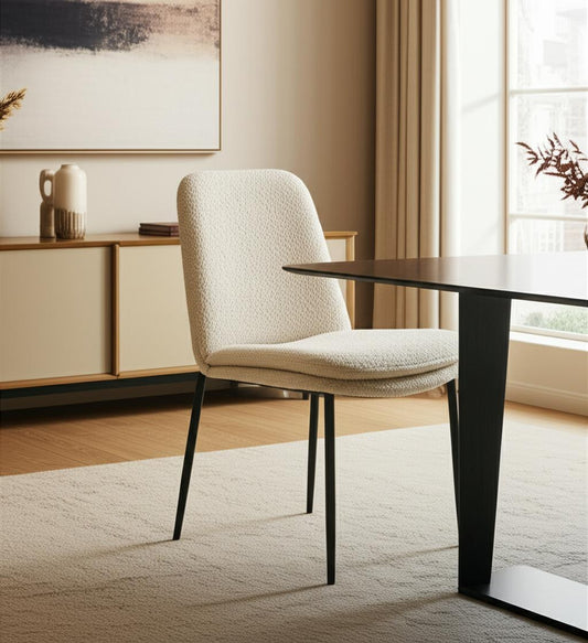 Cream and Black Upholstered Boucle And Metal Dining Side Chair-0