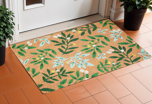 24" X 36" Natural And Green Botanical Leaves Outdoor Coir Door Mat-0