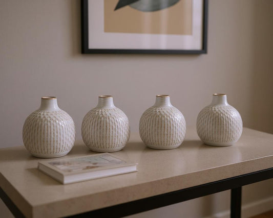 Set of Four Natural And Off White Ceramic Bud Vases With Sculptural Details-0