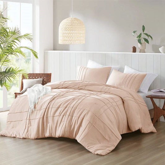 King Size Microfiber Pleated Soft Washed Comforter Set Pink Blush Color-1