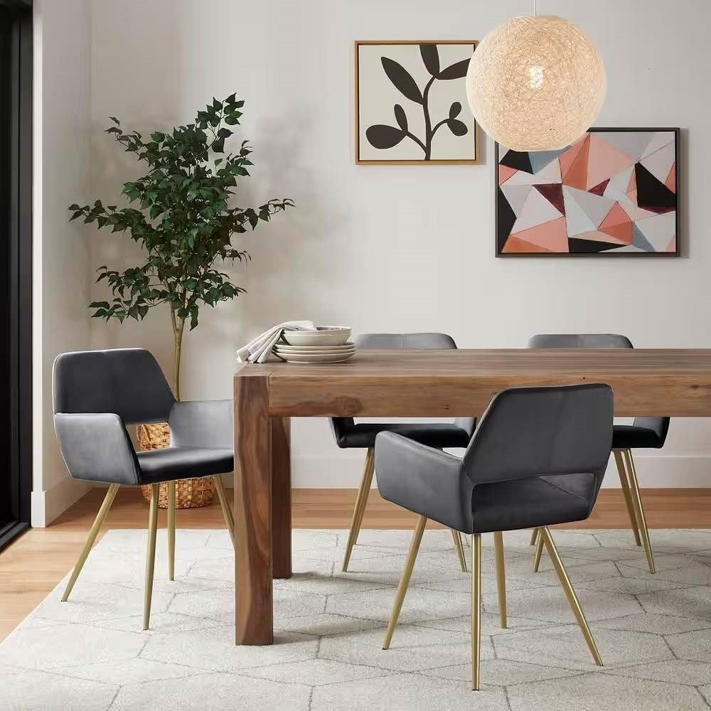 Set of 2 Modern Dark Grey Velvet Upholstered Dining Chair with Gold Metal Legs-0