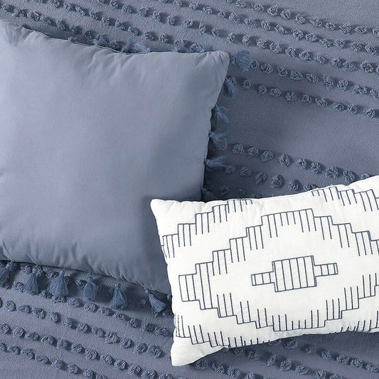King size 5-Piece 100-Percent Cotton Clip Dot Boho Comforter Set in Denim Blue-2