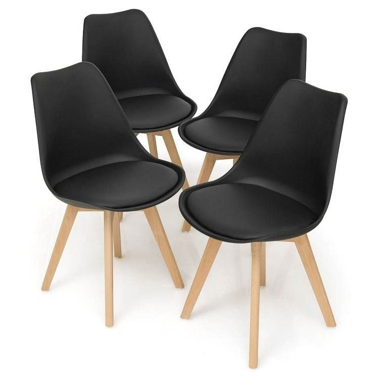 Set of 4 Modern Mid-Century Style Black PU Leather Dining Chairs with Wood Legs-2