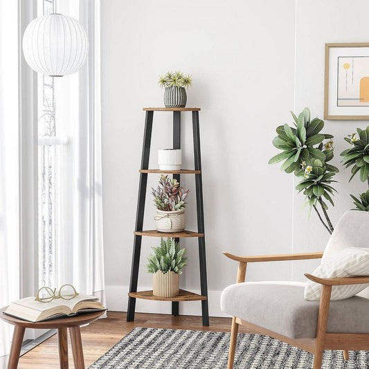 Narrow 3-Shelf Corner Shelving Unit Plant Stand Bookcase in Brown Black Wood-0