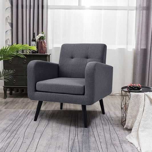 Mid-Century Modern Grey Linen Upholstered Accent Chair with Wooden Legs-0