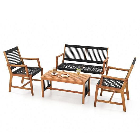 4 Pieces Acacia Wood Patio Conversation Table and Chair Set with Hand Woven Rope-2