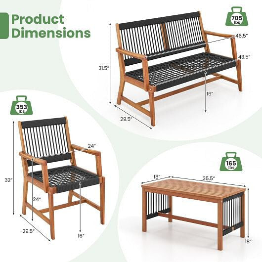 4 Pieces Acacia Wood Patio Conversation Table and Chair Set with Hand Woven Rope-3