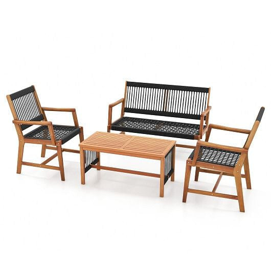 4 Pieces Acacia Wood Patio Conversation Table and Chair Set with Hand Woven Rope-4