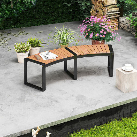 Patio Curved Bench with Slatted Seat and Metal Legs-1 Piece-0