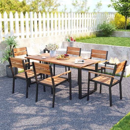 7 Pieces Acacia Wood Patio Dining Set with Metal Frame and 2 Inches Umbrella Hole-1