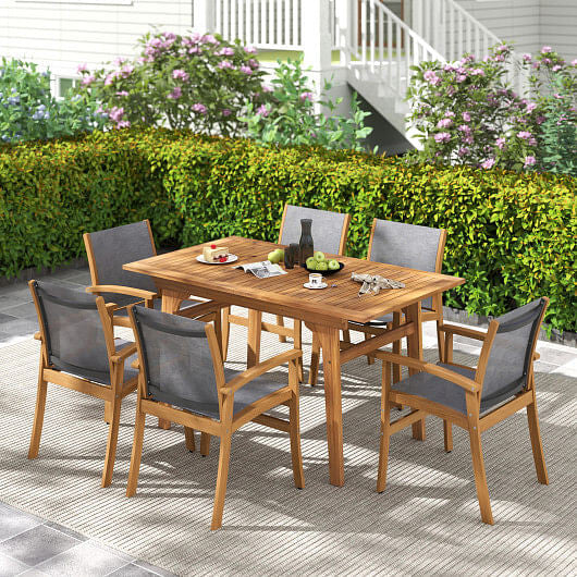 Set of 2 Patio Dining Chairs with Breathable Fabric and Acacia Wood Frame-1