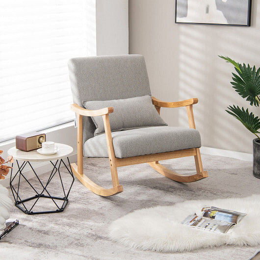 Upholstered Rocking Chair with Pillow and Rubber Wood Frame-Gray-1