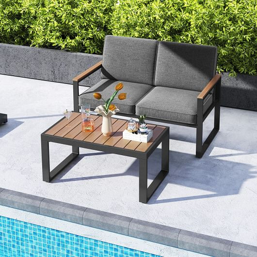 2 Piece Patio Aluminum Furniture Set with Wood-Plastic Armrests and Tabletop-Gray-1