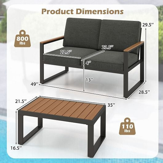 2 Piece Patio Aluminum Furniture Set with Wood-Plastic Armrests and Tabletop-Gray-3