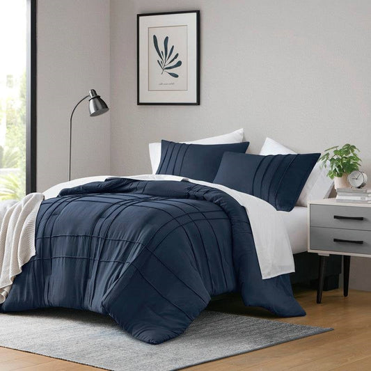 Full/Queen Microfiber Pleated Bohemian style Pre-Washed Comforter Set in Navy-1