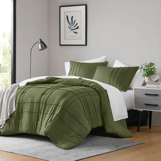 Twin/Twin XL Microfiber Pleated Soft Lightweight Comforter Set in Olive Green-1