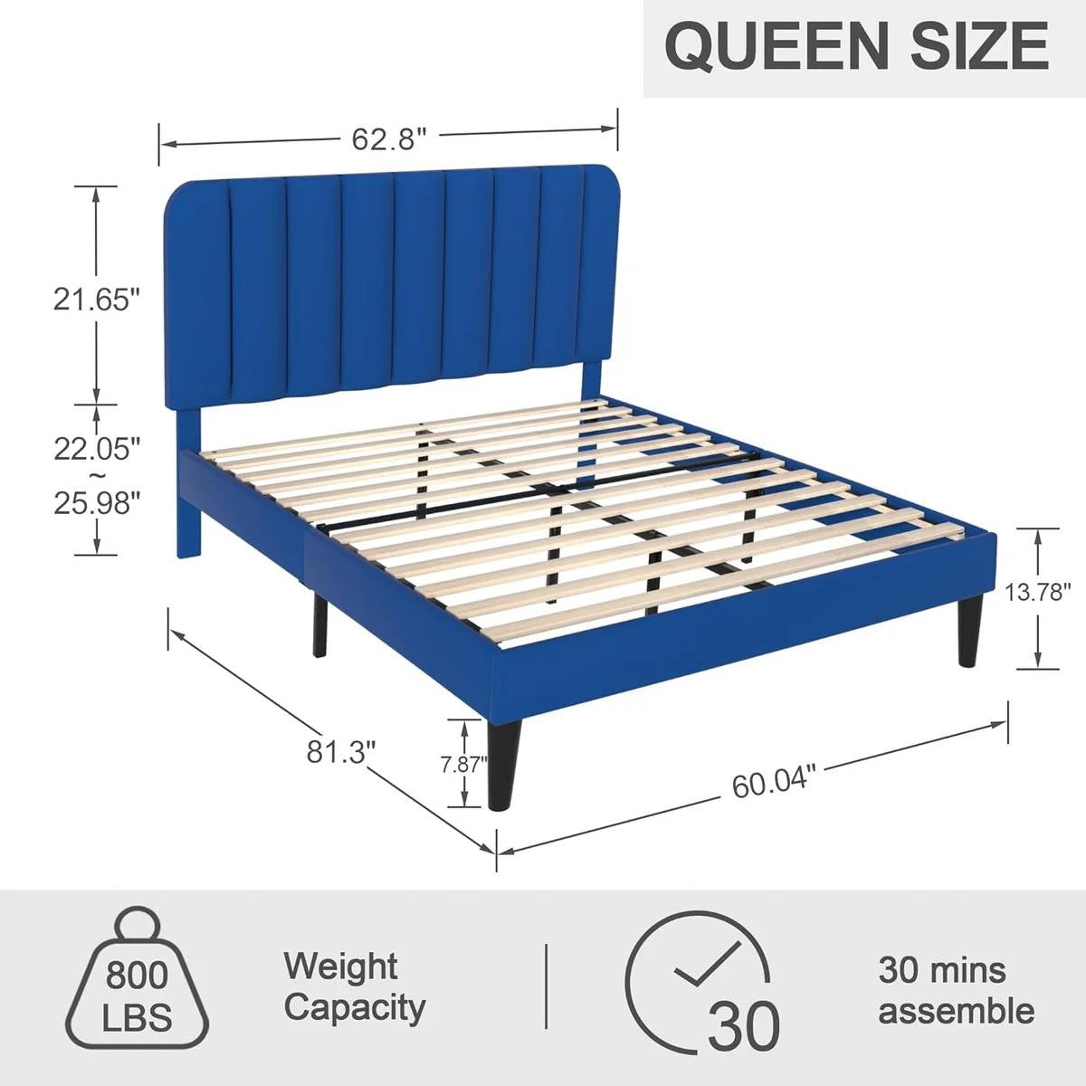 Queen size Blue Upholstered Platform Bed Frame with Headboard-4