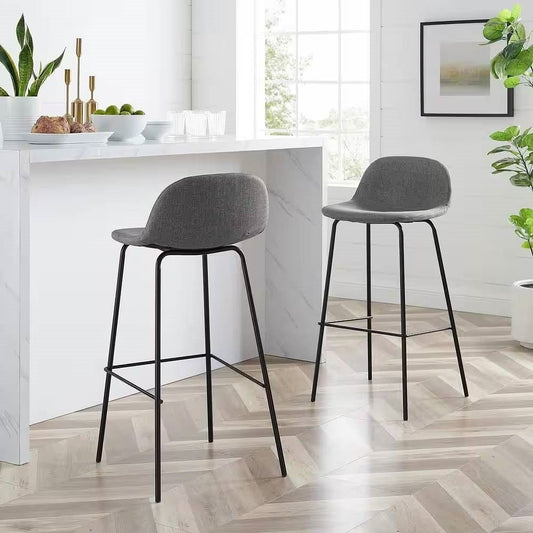 Set of 2 - Modern Low Back Barstool with Black Metal Frame and Grey Linen Seat-0