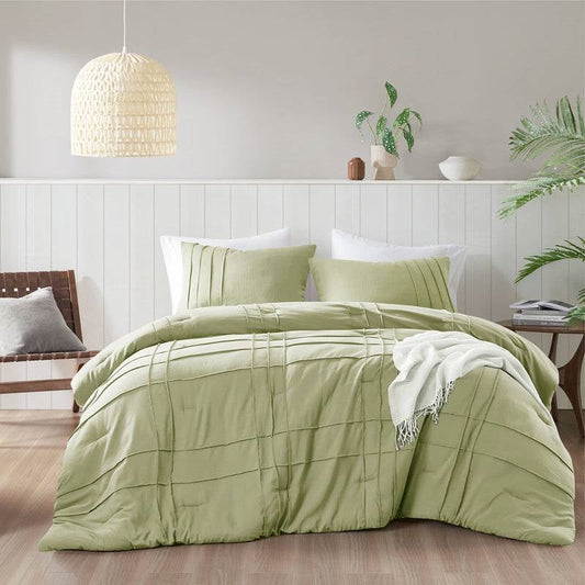 King size Microfiber Pleated Lightweight Soft Comforter Set in Sage Green-1